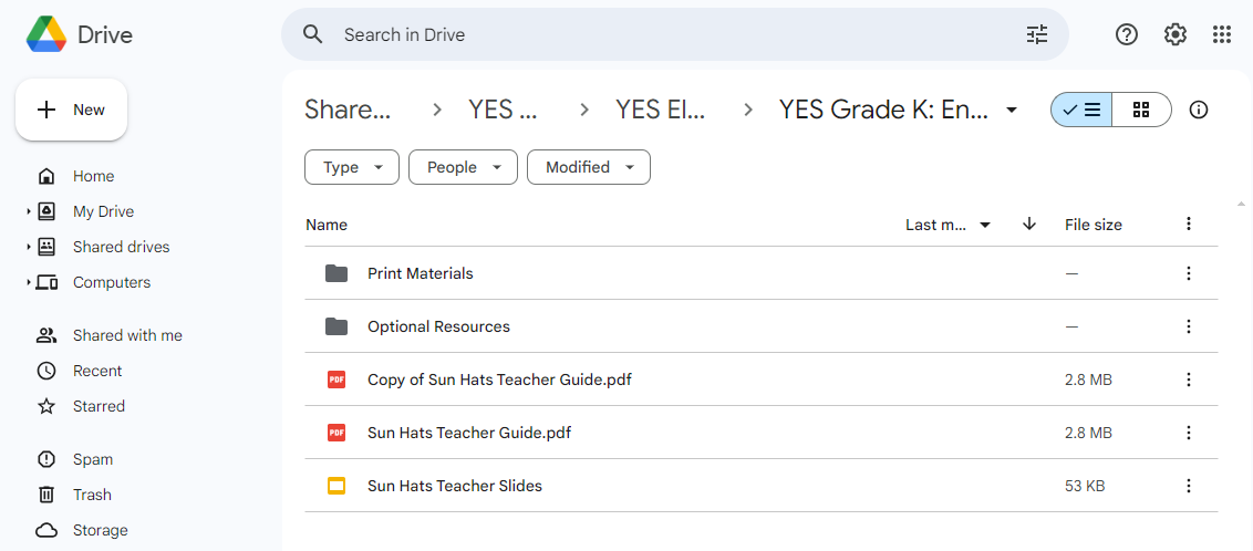 Screenshot of a view of unit materials on Google Drive in list view