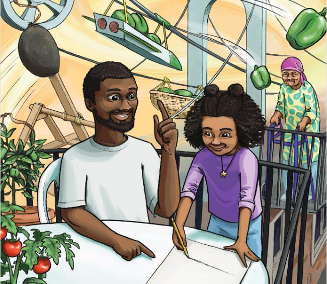 Pass the Peppers book cover image: Girl and family doing a hands-on STEM activity